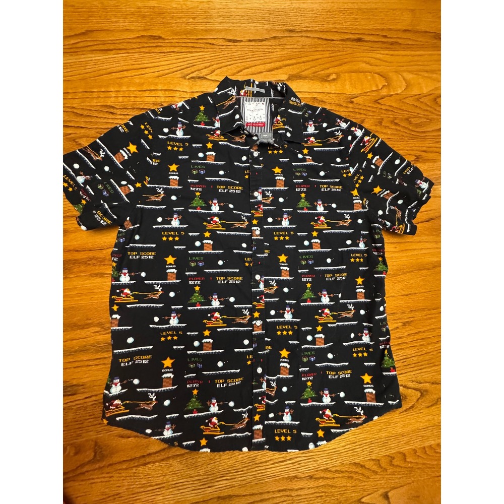 Denim & Flower Men L/XL Black 8-Bit Video Game Christmas Button Down Shirt
